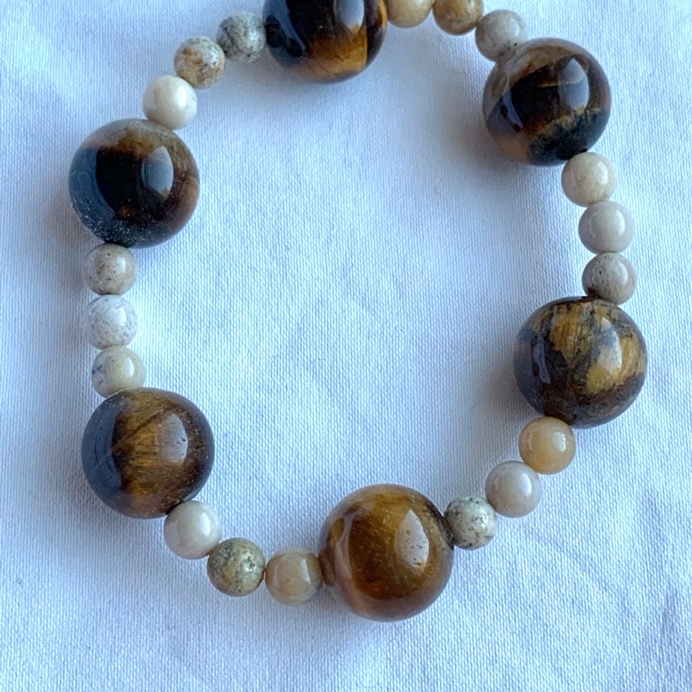 Very Shimmery Tigers Eye and Quartz Gemstone Beaded Bracelet